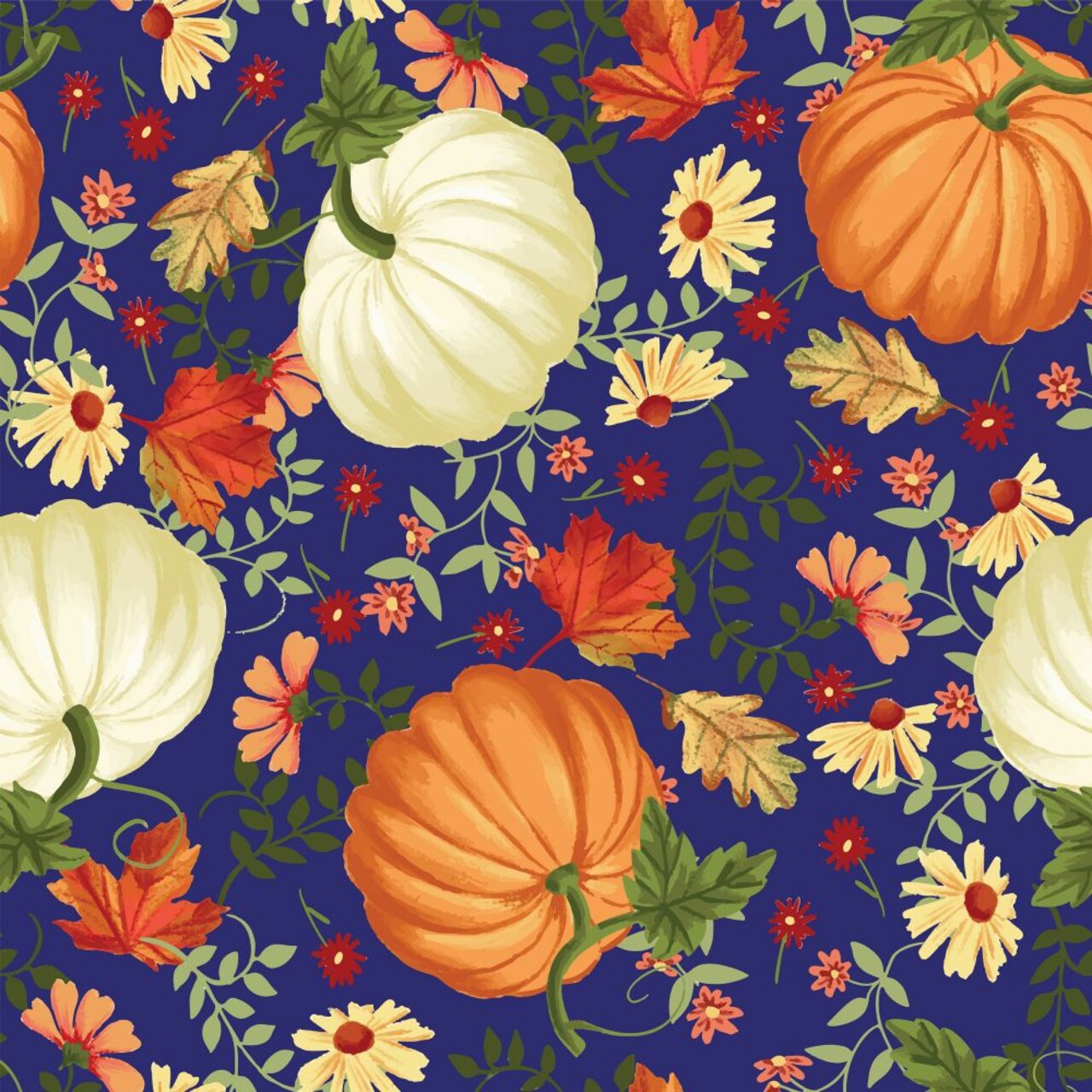 Fall Autumn Thanksgiving Orange and White Pumpkins on Blue 100% Cotton